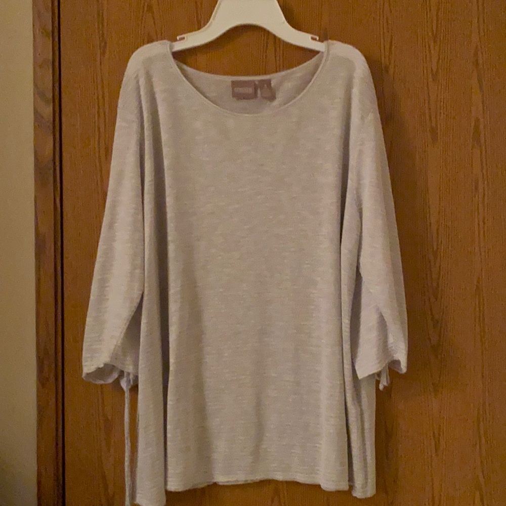 Chico’s 3/4 sleeve grey and white striped shirt.